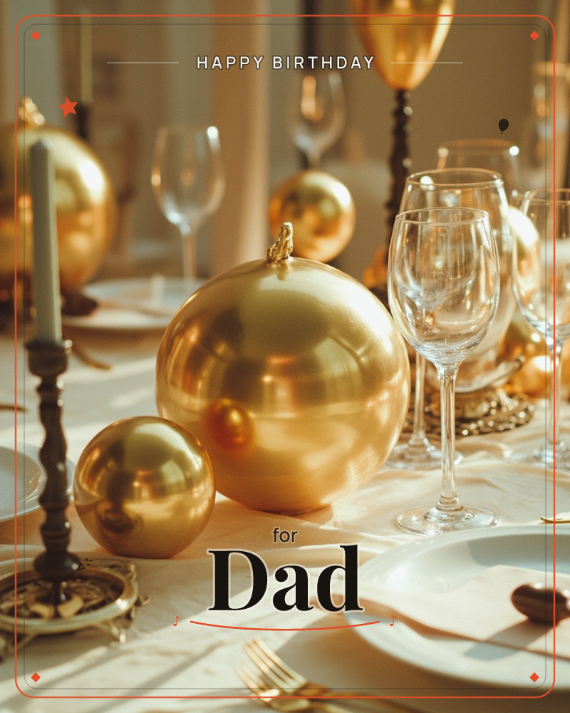 A festive table is set with large gold ornament baubles standing among crystal wine glasses and white china, a dark candlestick holding a pale taper…, a birthday e-card design
