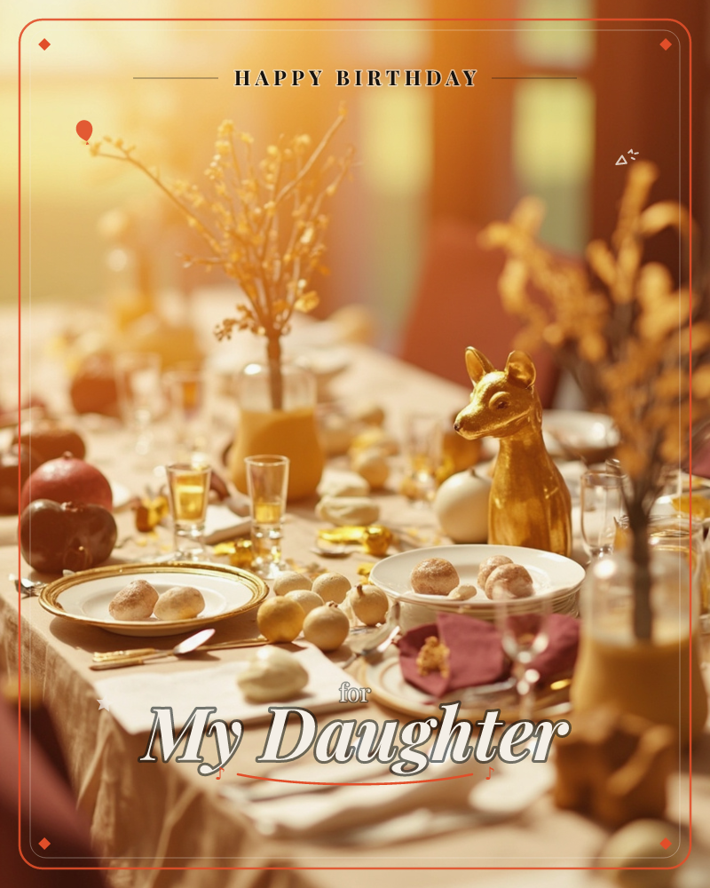 A festive table is dressed in gold and cream, sunlight streaming through tall windows to catch branches of gilded twigs, a small golden deer figurine…, a birthday e-card design