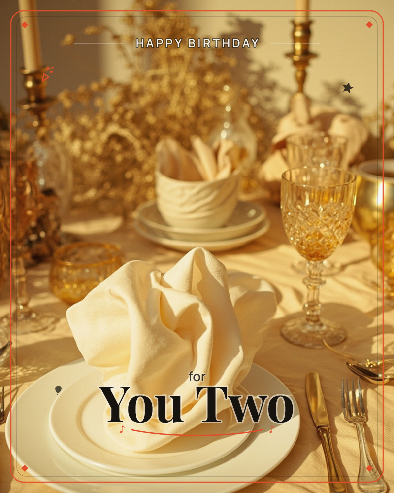 A sunlit table setting glows in warm gold tones, with a cream linen napkin folded into a soft rose shape resting on stacked plates, a birthday e-card design