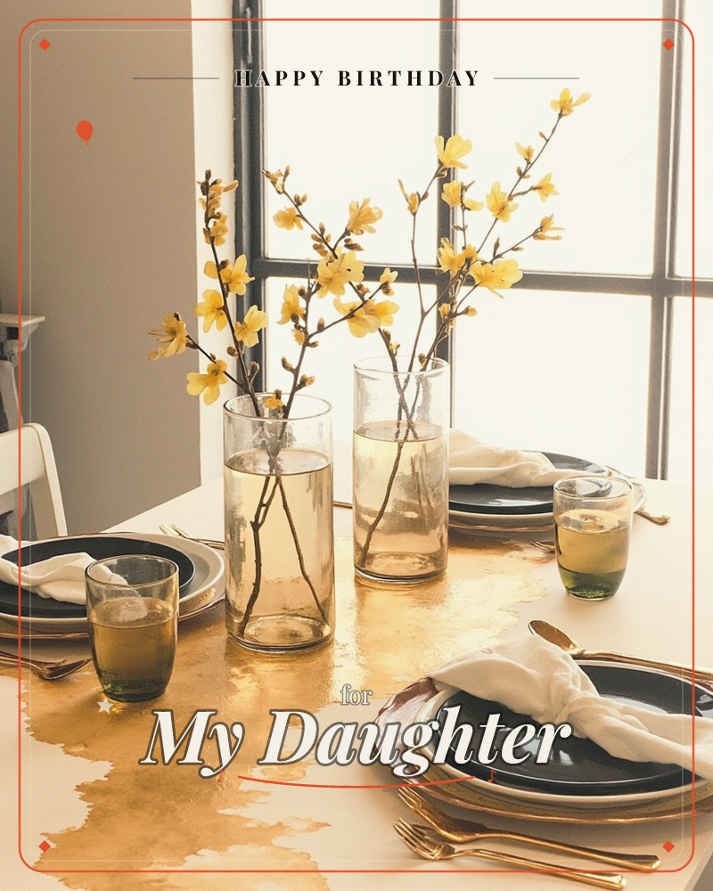 A sunlit dining table is set for a gathering, with two glass vases of yellow blossom branches standing among dark charger plates, folded white napkins…, a birthday e-card design