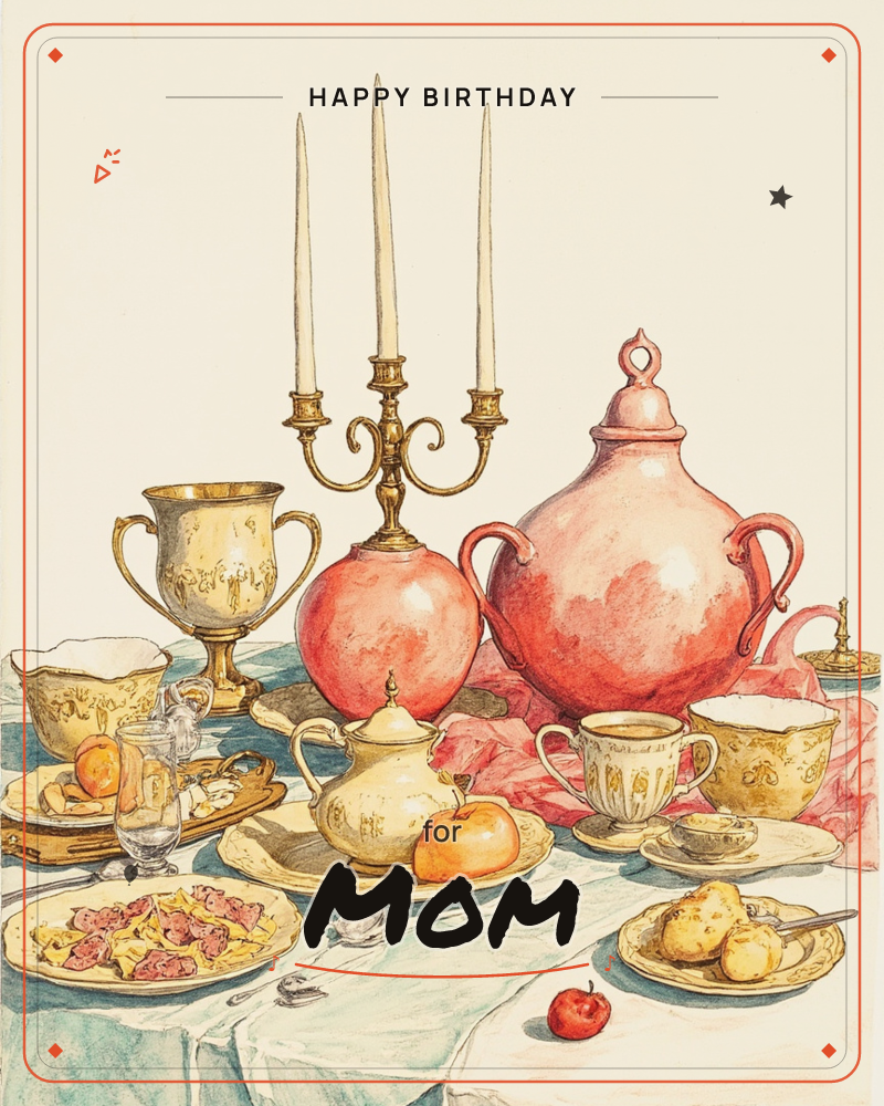 A richly laid table is crowded with a gilded three-branch candelabra, a large rose-pink lidded tureen, and a matching gold trophy cup, all set on a…, a birthday e-card design