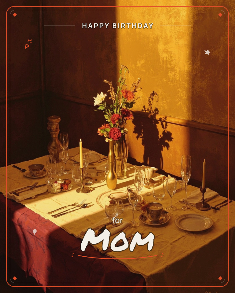 A dining table is set with fine cutlery, wine glasses, china cups and a slender gold vase of mixed flowers, all bathed in a warm shaft of late golden…, a birthday e-card design