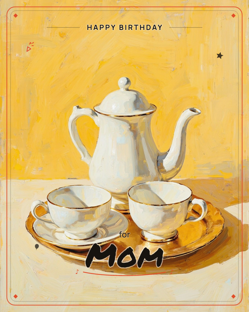 A painted still life shows a white porcelain teapot with gold trim standing behind two matching teacups on a golden tray, all set against a warm…, a birthday e-card design
