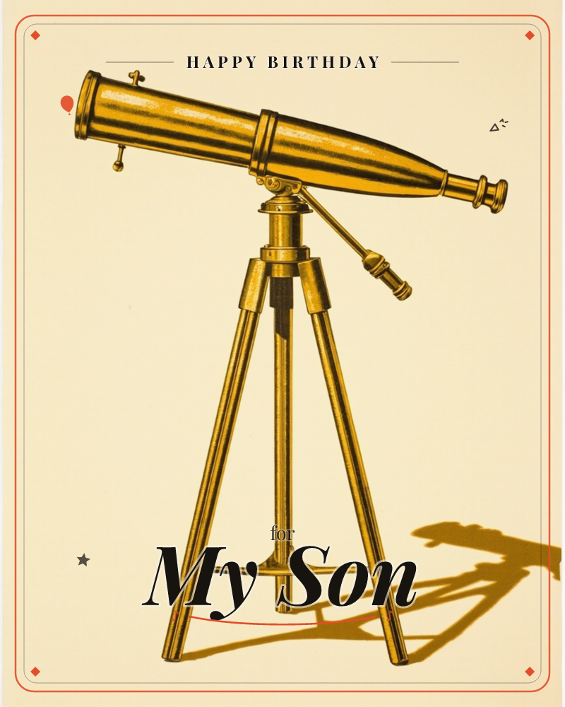 A vintage brass telescope stands on its tripod against a plain warm cream background, angled upward as if scanning the sky, a birthday e-card design