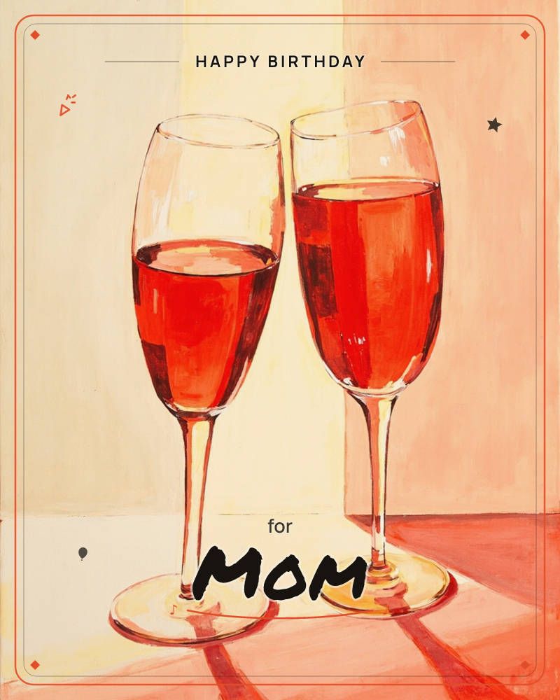 Two champagne flutes filled with rosé wine stand rim to rim as if toasting, painted in bold brushstrokes against a warm split background of cream and…, a birthday e-card design