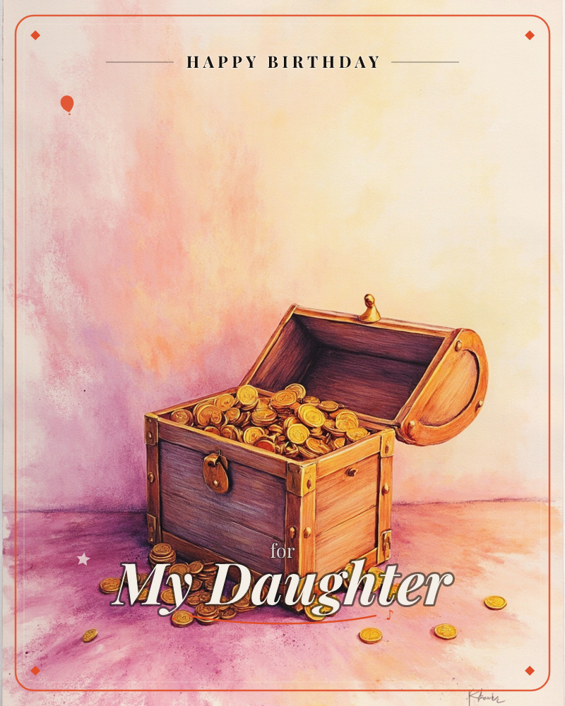 A wooden treasure chest sits open on a softly washed backdrop of pink, gold and lavender, gold coins spilling over its edge and scattering across the…, a birthday e-card design