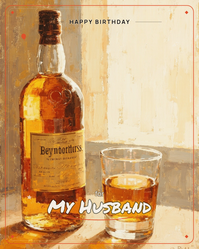 A still-life painting shows an amber whiskey bottle standing beside a half-full tumbler on a wooden ledge, sunlight streaming through an unseen window…, a birthday e-card design