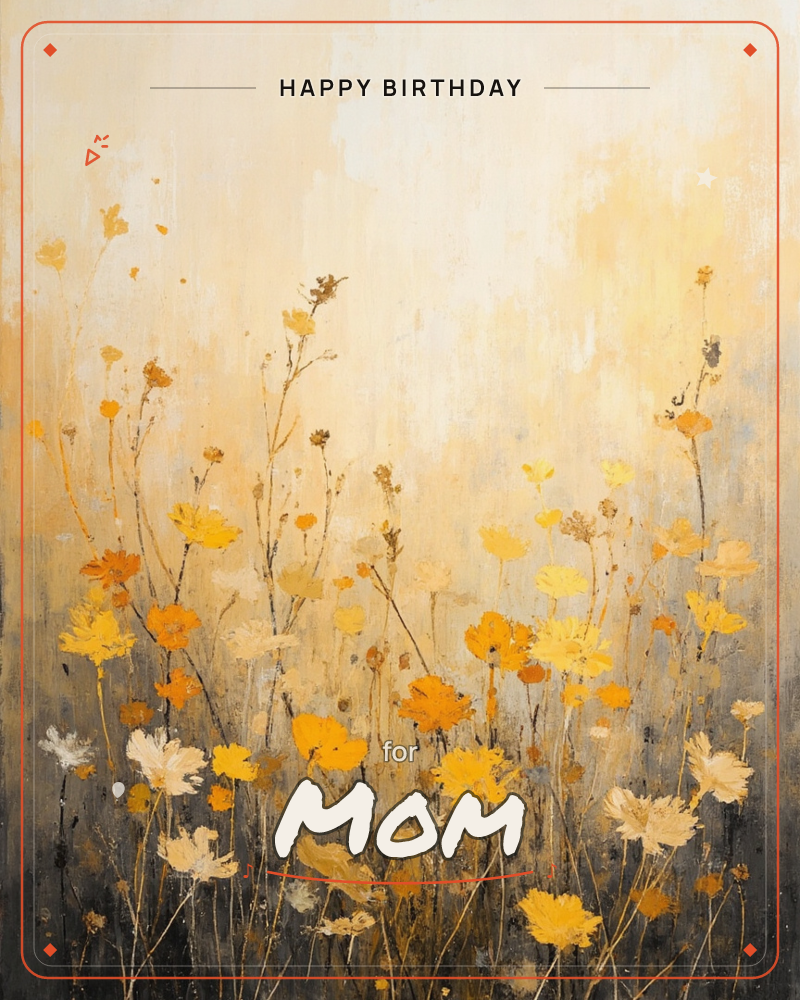A wild meadow of golden and amber wildflowers rises on thin dark stems against a hazy, sunlit sky washed in cream and pale gold, a birthday e-card design
