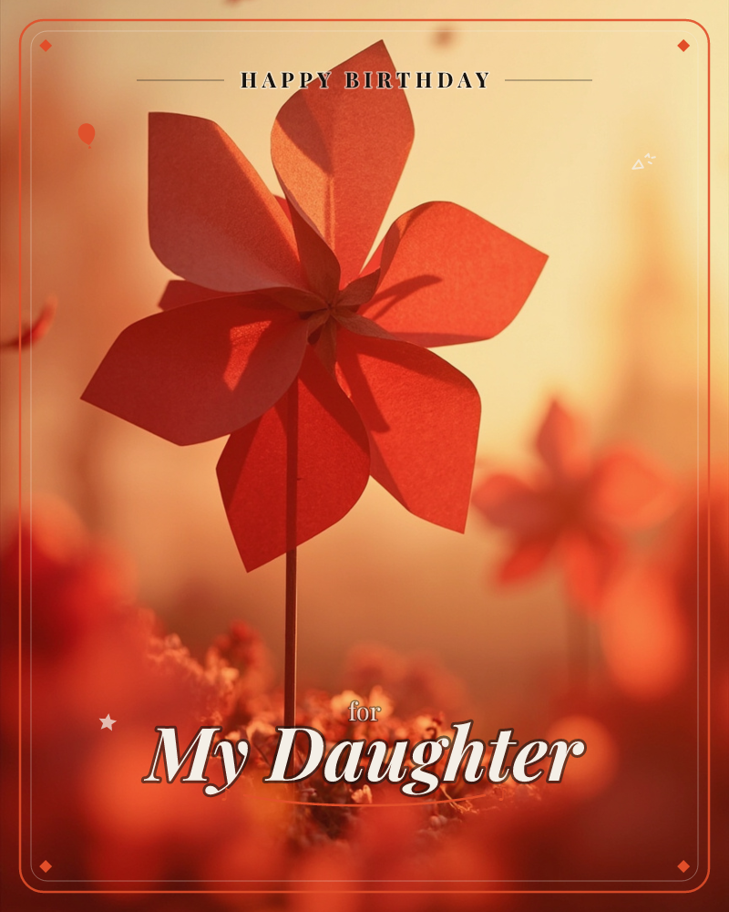 A single origami-style paper flower stands on a thin stem against a warm, glowing amber sky, its folded red petals catching the low sunlight, a birthday e-card design