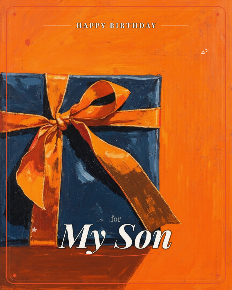 A boxy present wrapped in deep navy paper sits against a bold orange background, tied with a wide, glossy orange ribbon knotted into a loose bow, a birthday e-card design