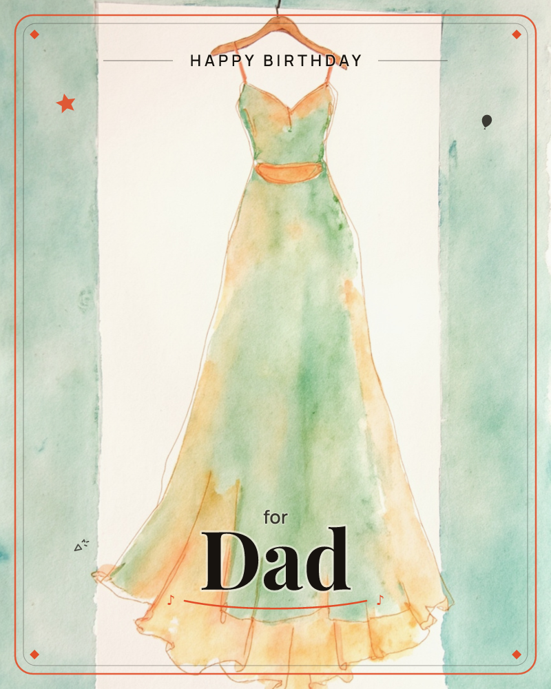 A long evening gown hangs on a wooden hanger against a soft teal-bordered background, painted in loose watercolour washes of sage green fading into…, a birthday e-card design