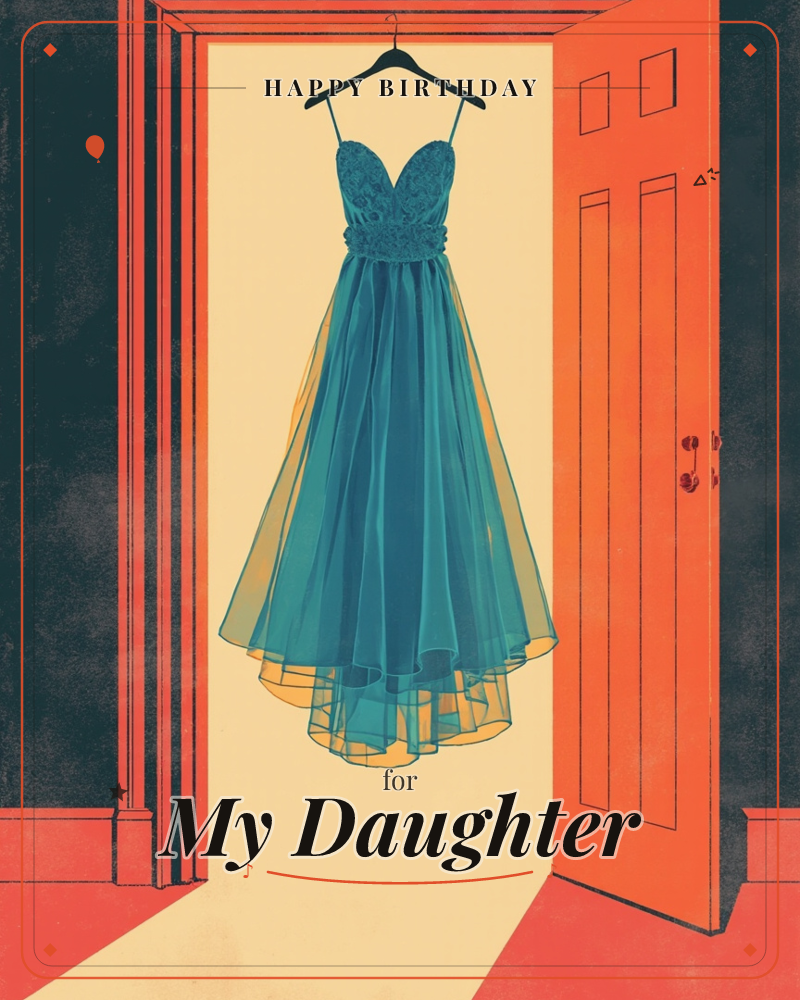 A teal party dress hangs on a black hanger in an open doorway, its sheer flared skirt lit from behind by warm golden light spilling across the floor, a birthday e-card design