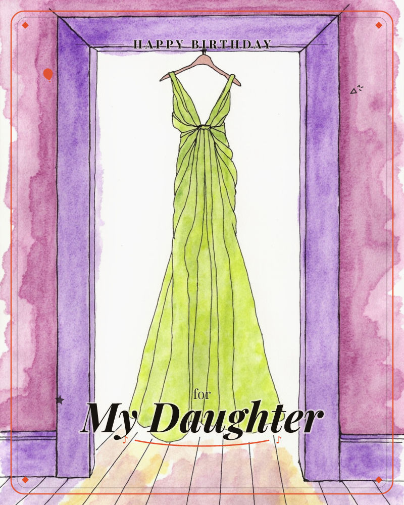 A chartreuse evening gown hangs on a wooden hanger in an open doorway, its draped fabric falling in soft pleats to the floor, a birthday e-card design