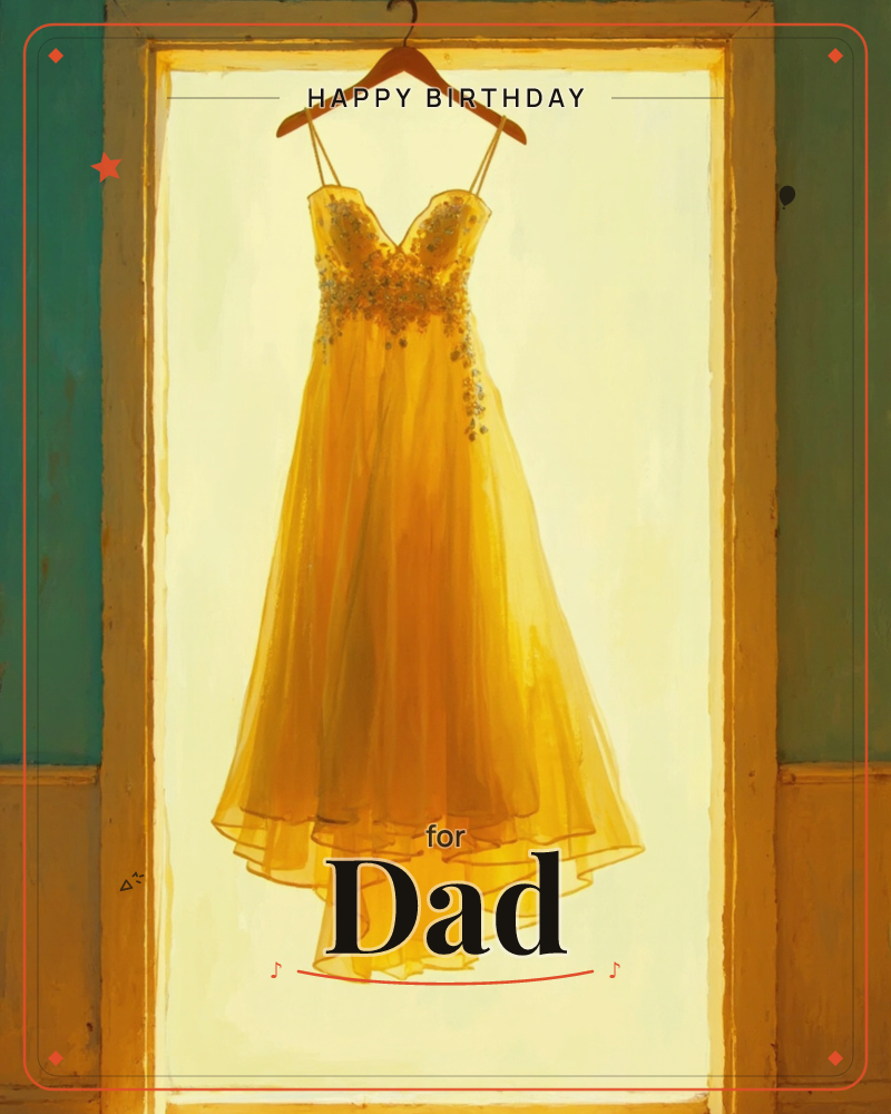 A sunny yellow gown with a beaded bodice hangs on a wooden hanger inside a doorway, its sheer chiffon skirt glowing against warm light behind it, a birthday e-card design