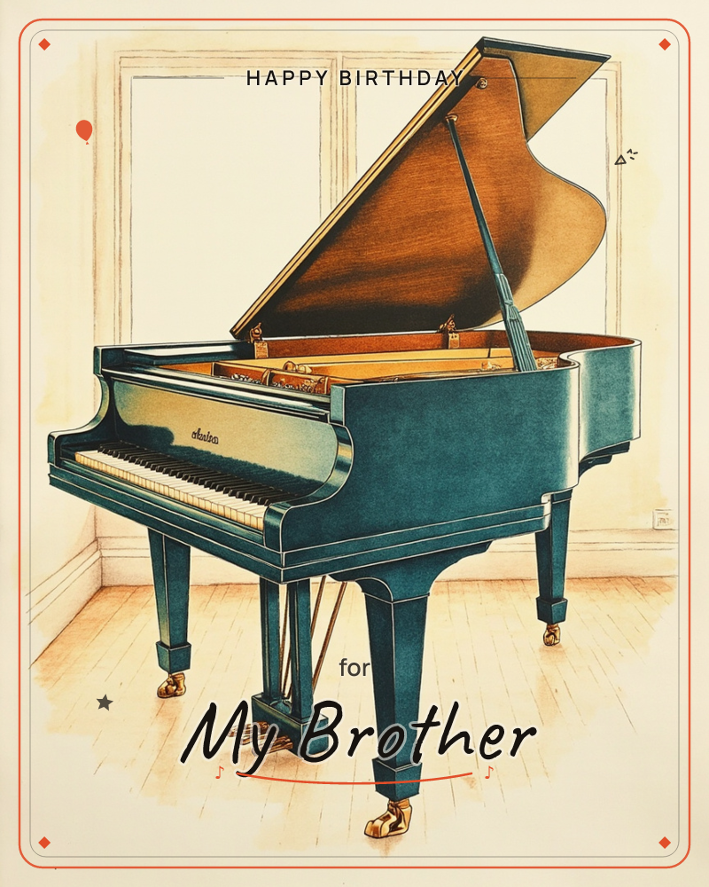 A teal-lacquered grand piano sits open-lidded in a sunlit, sparsely furnished room, its polished wood interior gleaming warm brown against the glossy body, a birthday e-card design
