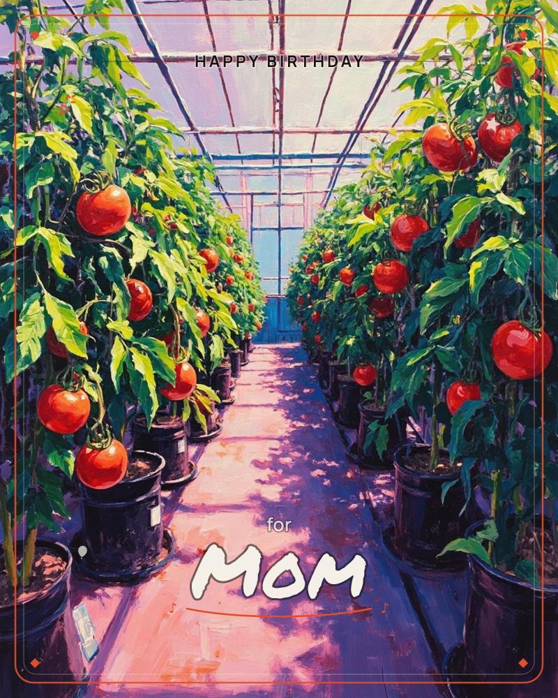 A greenhouse aisle stretches into the distance, lined with rows of potted tomato plants heavy with ripe red fruit, a birthday e-card design
