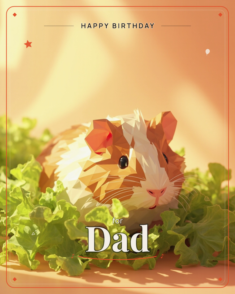 A low-poly guinea pig with patches of orange and cream nestles into a bed of curly green lettuce, its whiskers catching the warm glow of a soft…, a birthday e-card design