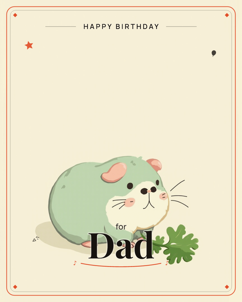 A round, sage-green hamster with a white belly and pink-flushed cheeks sits nibbling a sprig of parsley, lit by a soft glowing vignette that fades to…, a birthday e-card design