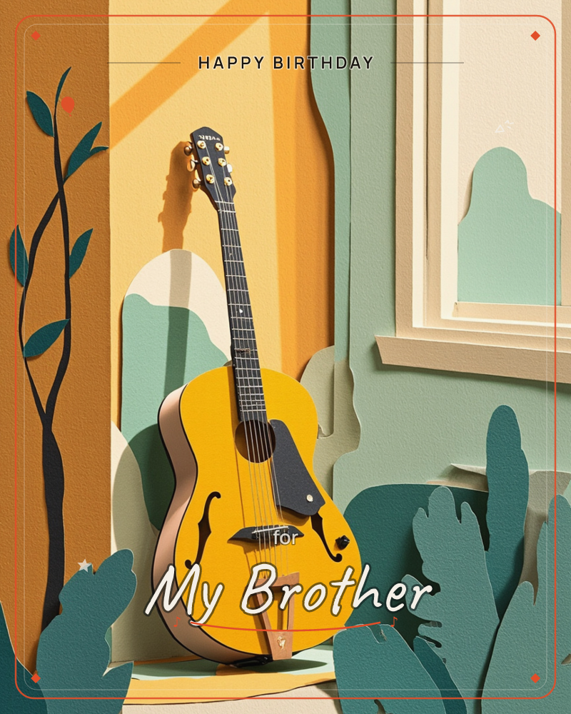 A paper-craft still life shows a mustard-yellow acoustic guitar leaning in a sunlit corner, its black neck and fretboard catching a warm diagonal beam…, a birthday e-card design