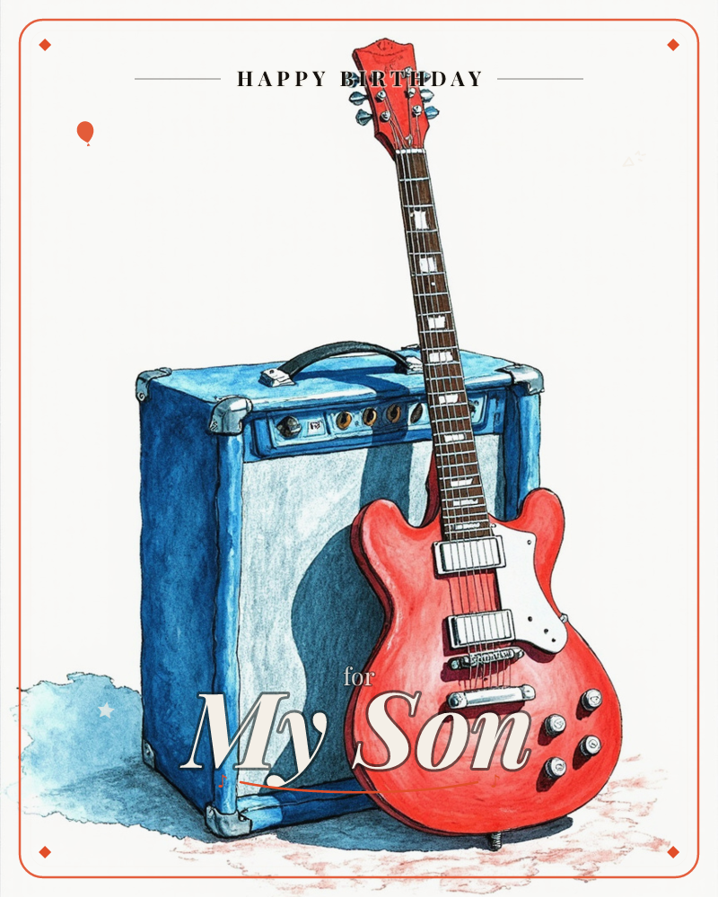 A cherry-red electric guitar leans against a blue tweed amplifier, both rendered in loose watercolour and ink with visible pen crosshatching on the…, a birthday e-card design