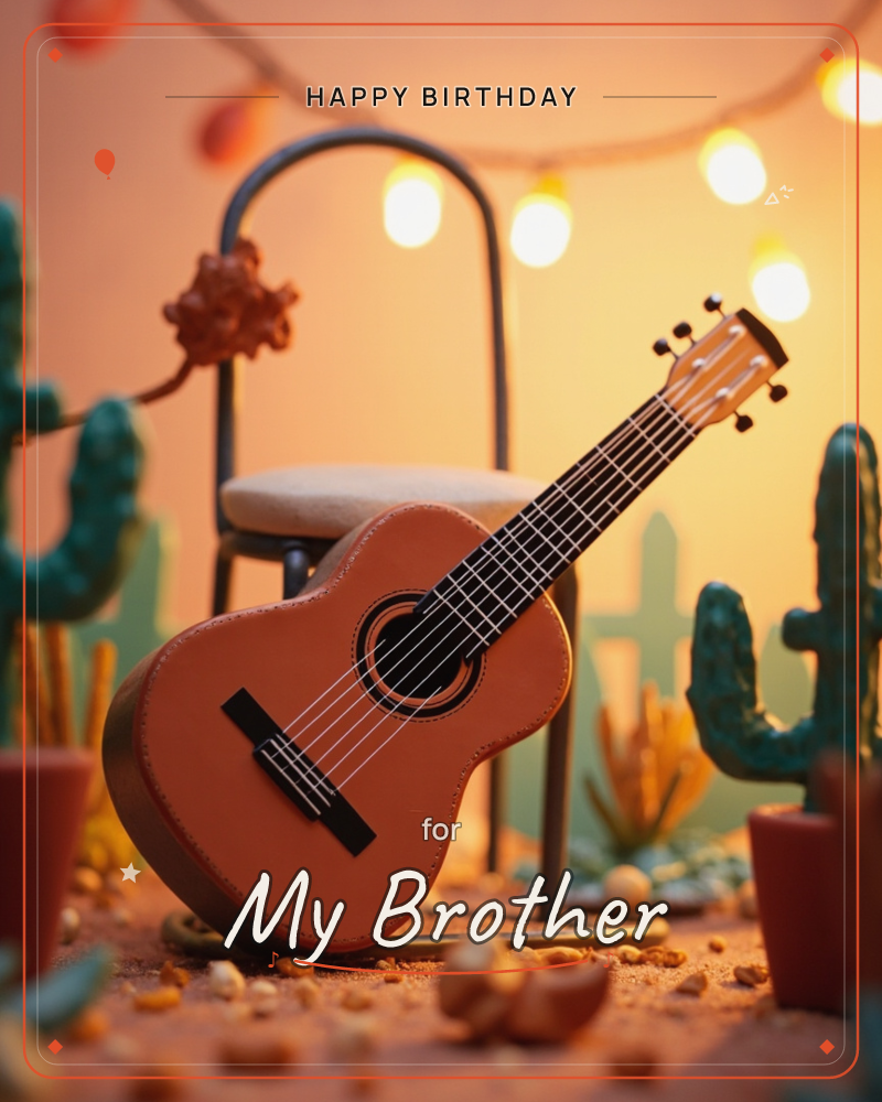 A wooden acoustic guitar leans against a small metal chair in a warm, glowing desert scene, surrounded by stylised teal cacti and terracotta pots, a birthday e-card design