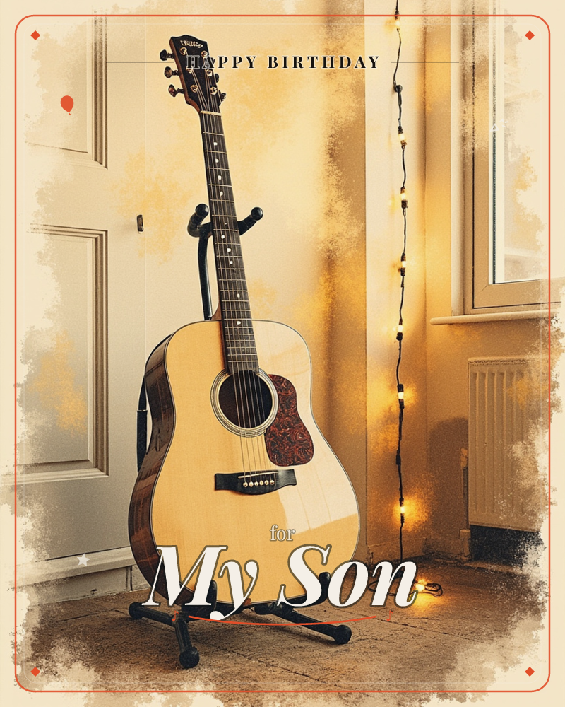 An acoustic guitar rests on a floor stand in the corner of a room, its warm wood glowing beside a strand of glowing fairy lights draped down the wall, a birthday e-card design
