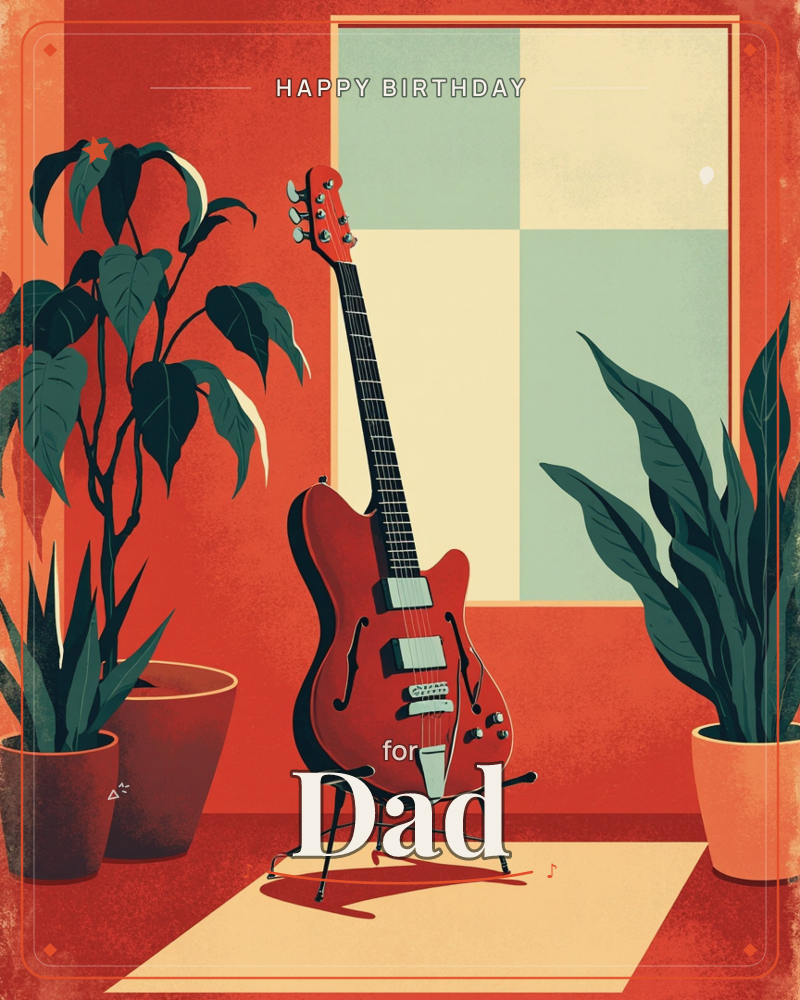 A red electric guitar rests on a stand in front of a checkered window, flanked by tall potted plants against a warm terracotta wall, a birthday e-card design