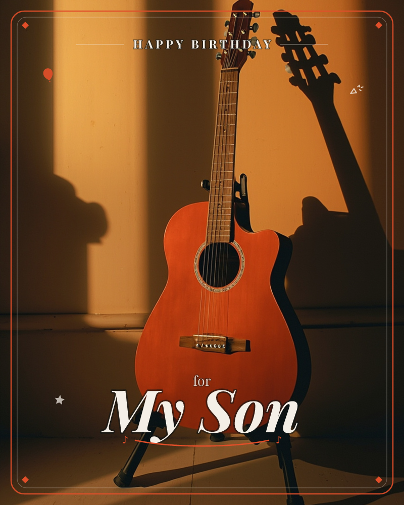 An acoustic guitar rests on a stand in a warm shaft of late afternoon light, its long shadow stretching dramatically up the wall behind it, a birthday e-card design