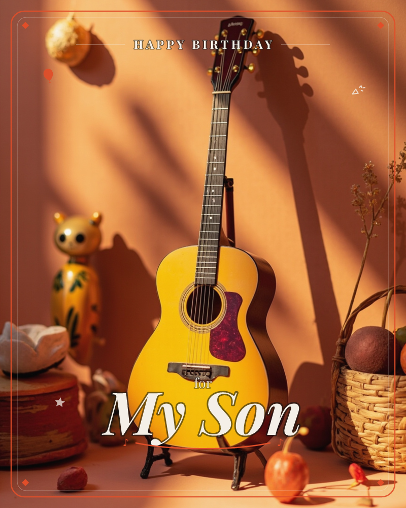 An acoustic guitar with a warm honey-gold body stands upright on a small stand against a terracotta backdrop, its long shadow stretching dramatically…, a birthday e-card design
