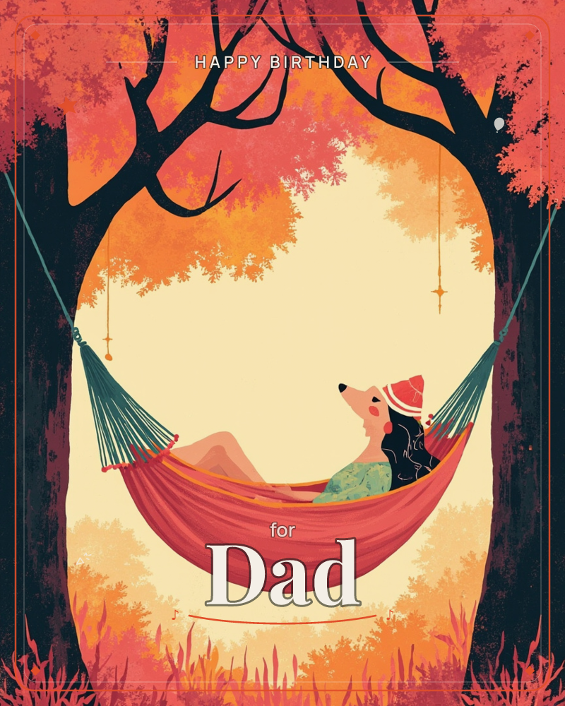A woman in a red patterned cap and green top lounges in a red hammock strung between two dark tree trunks, framed by an archway of autumn foliage in…, a birthday e-card design