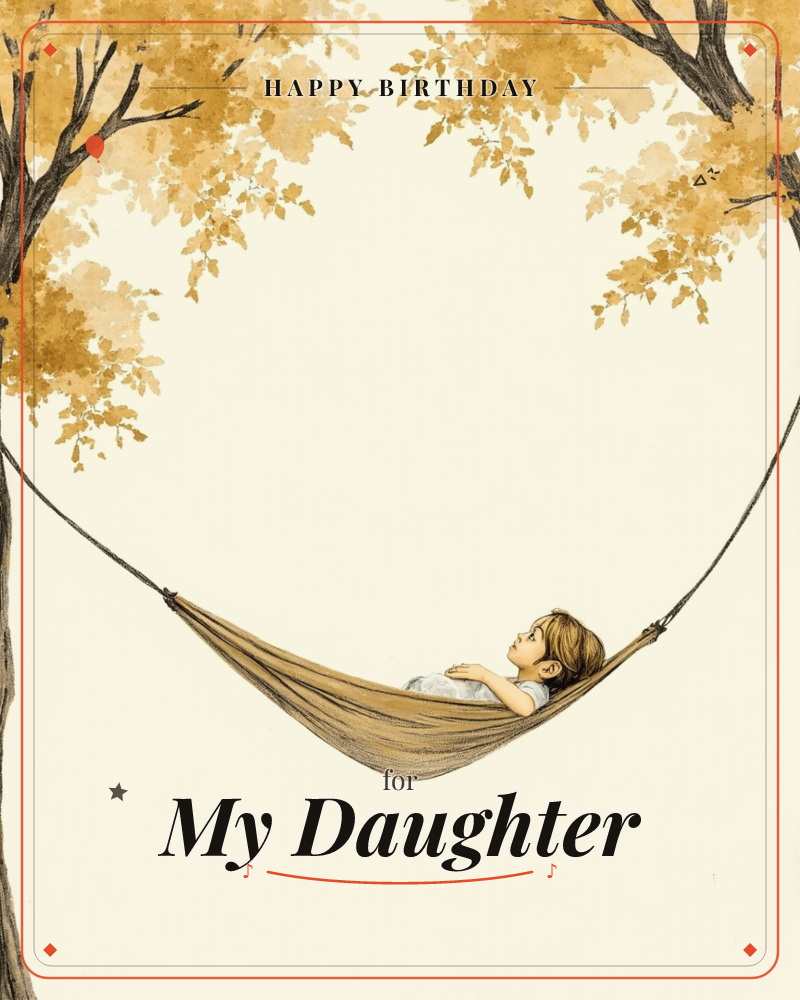 A child lies in a hammock strung between two trees heavy with golden autumn leaves, gazing up at the branches overhead, a birthday e-card design