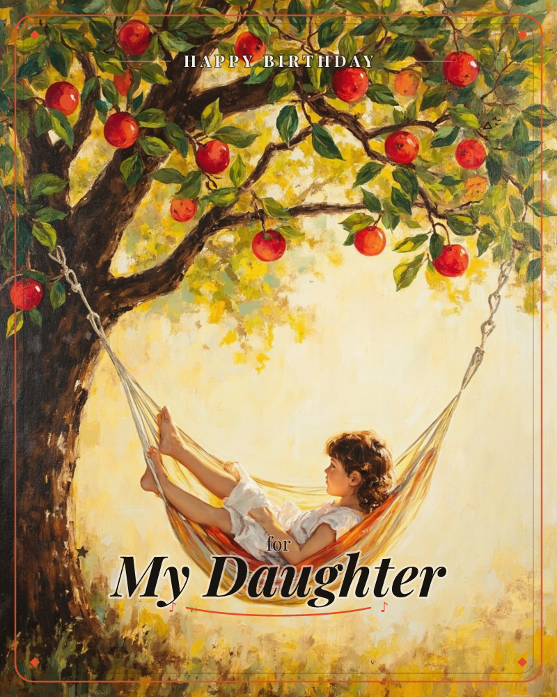 A young child naps barefoot in a woven hammock strung beneath a heavily laden apple tree, sunlight glowing gold through the leaves overhead, a birthday e-card design