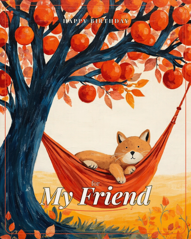 A fox naps in a burnt-orange hammock strung beneath a dark navy tree heavy with round red-orange fruit and autumn leaves, a birthday e-card design