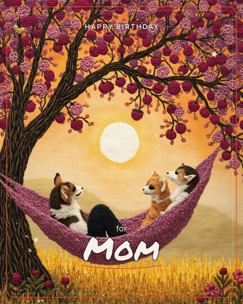 Three corgis lounge together in a woven pink hammock strung beneath a blossoming tree, its branches heavy with rose-like magenta flowers against a…, a birthday e-card design