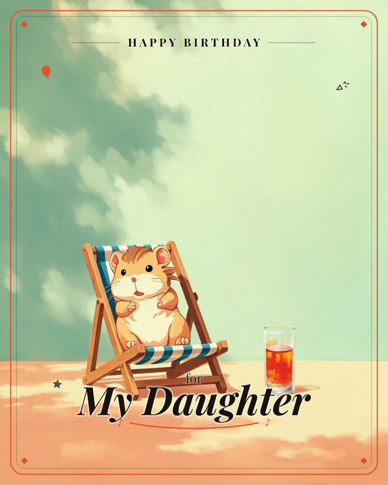 A round, contented hamster reclines in a striped wooden deckchair on a warm sandy surface, paws resting on its belly, beside a tall glass of iced tea…, a birthday e-card design
