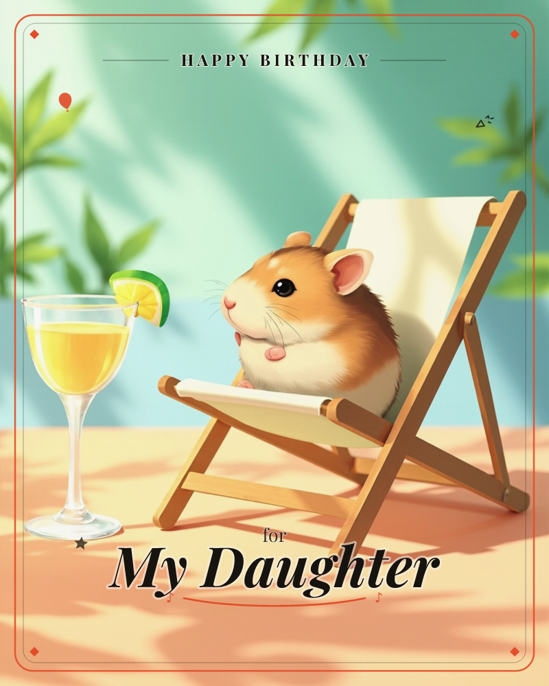 A round little hamster lounges back in a miniature wooden deck chair, paws resting on its round belly, next to a tall glass of yellow juice garnished…, a birthday e-card design