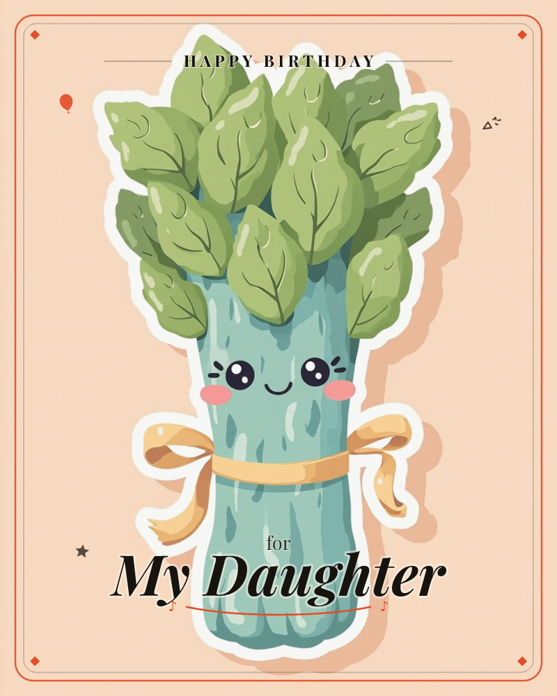 A cheerful bundle of leafy greens sits at the centre of a peach background, drawn as a sticker with a smiling face, rosy cheeks and a golden ribbon…, a birthday e-card design