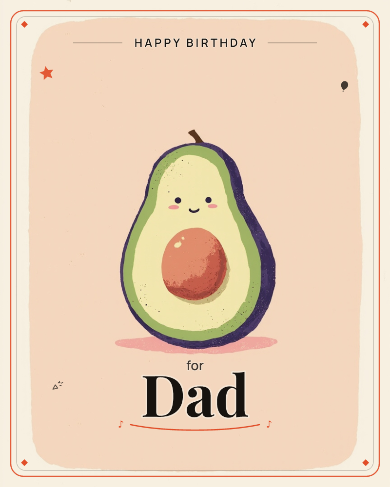 A single halved avocado stands centered on a soft peach background, its dark green skin and pale flesh drawn with a gentle, grainy texture, a birthday e-card design