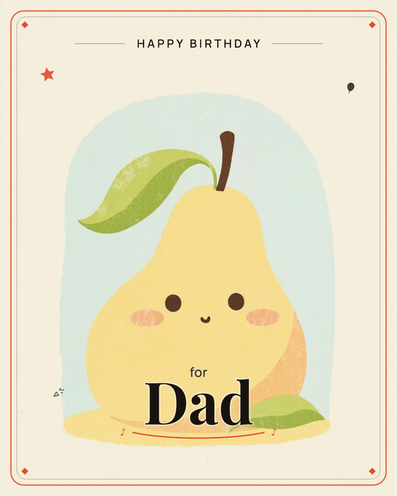 A round-cheeked yellow pear sits with a shy smile inside a pale blue arched frame, its curled brown stem and a big green leaf sprouting from the top, a birthday e-card design
