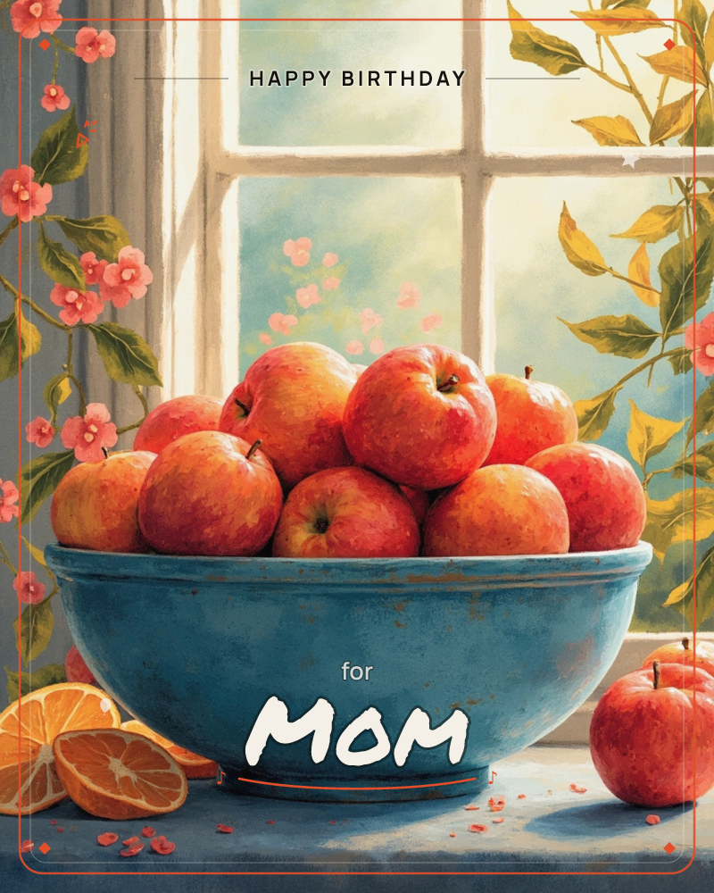 A weathered blue ceramic bowl sits piled high with rosy red apples on a windowsill, one apple escaped onto the table beside sliced oranges, a birthday e-card design