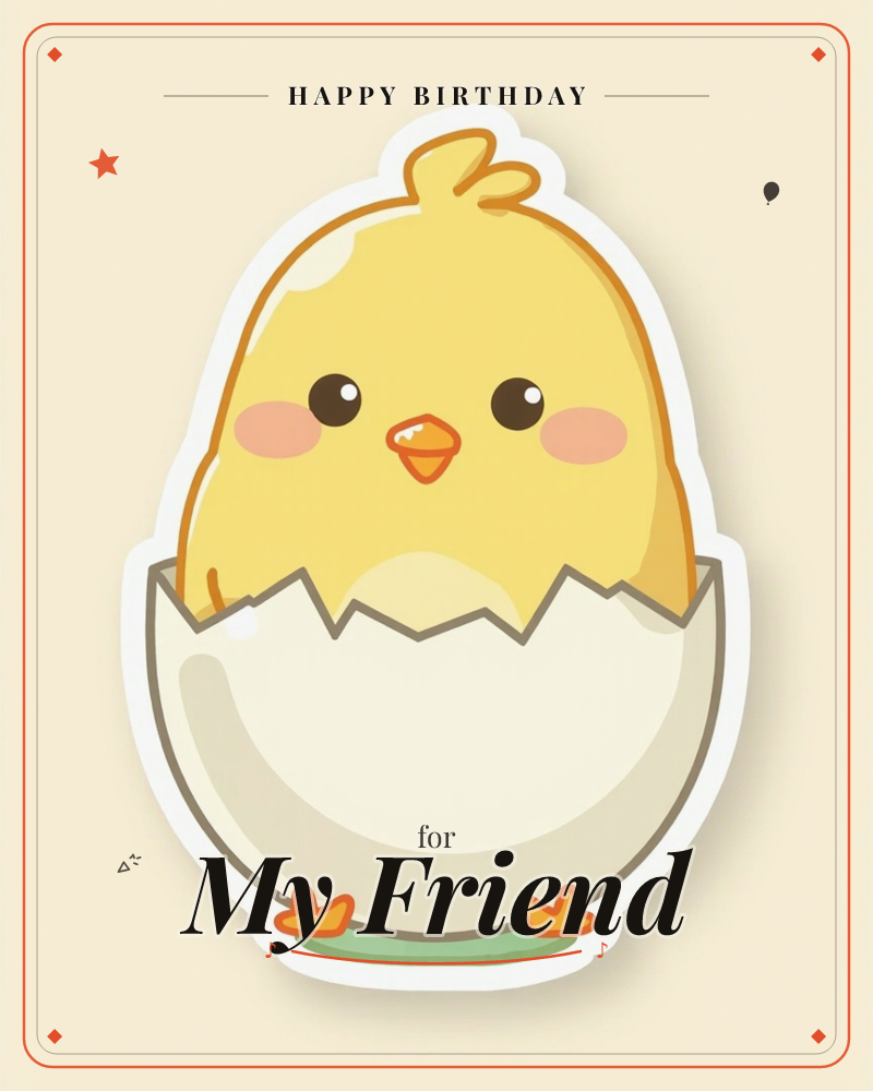 A round-faced yellow chick with rosy cheeks pokes out of a cracked eggshell, its tiny feet peeking below the jagged rim, a birthday e-card design