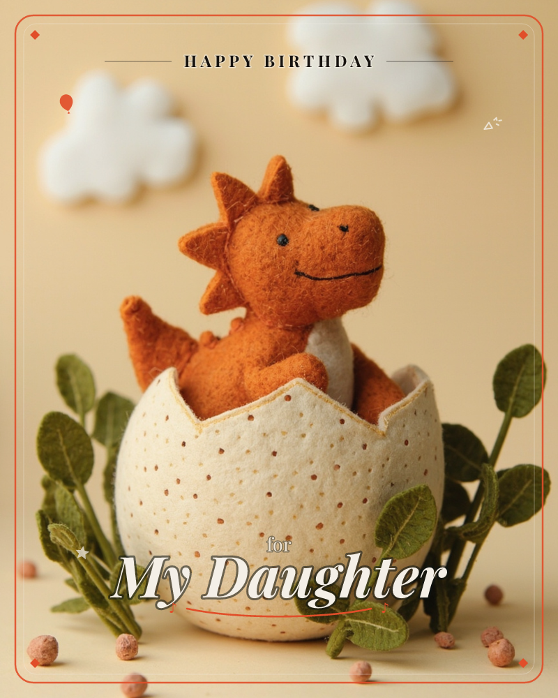 A felt baby dragon in warm orange peeks out of a cracked, speckled eggshell, waving one stitched arm, a birthday e-card design