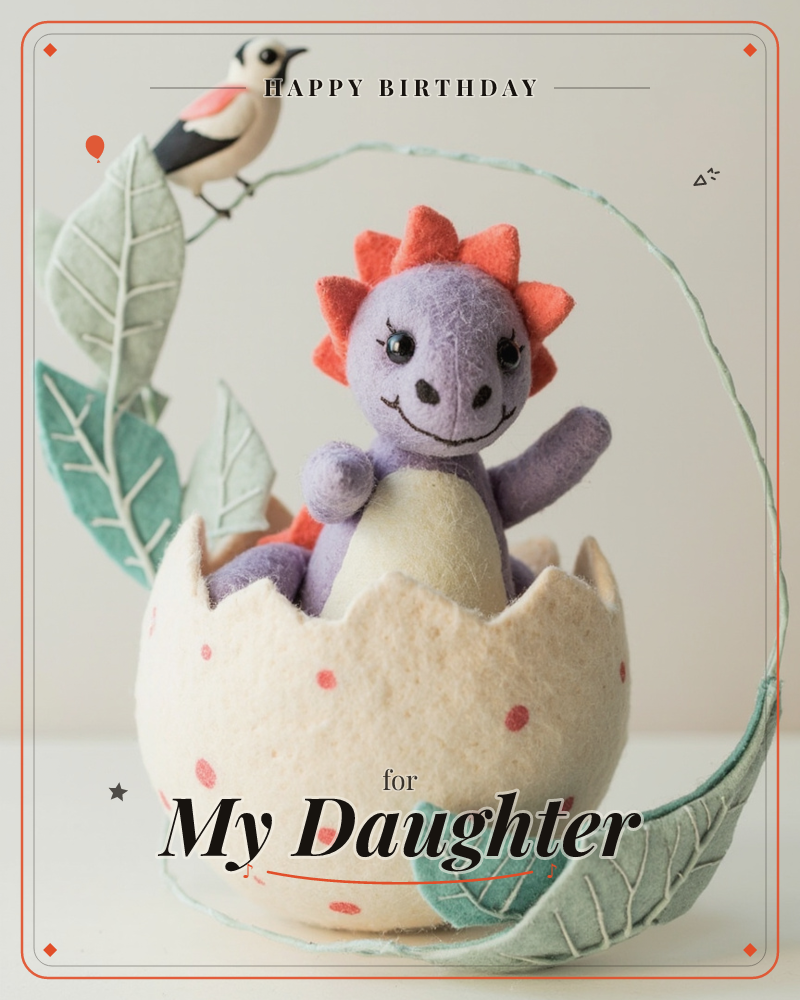 A felt dinosaur toy with a purple body and coral spikes waves cheerfully from inside a cream, pink-spotted eggshell, a birthday e-card design