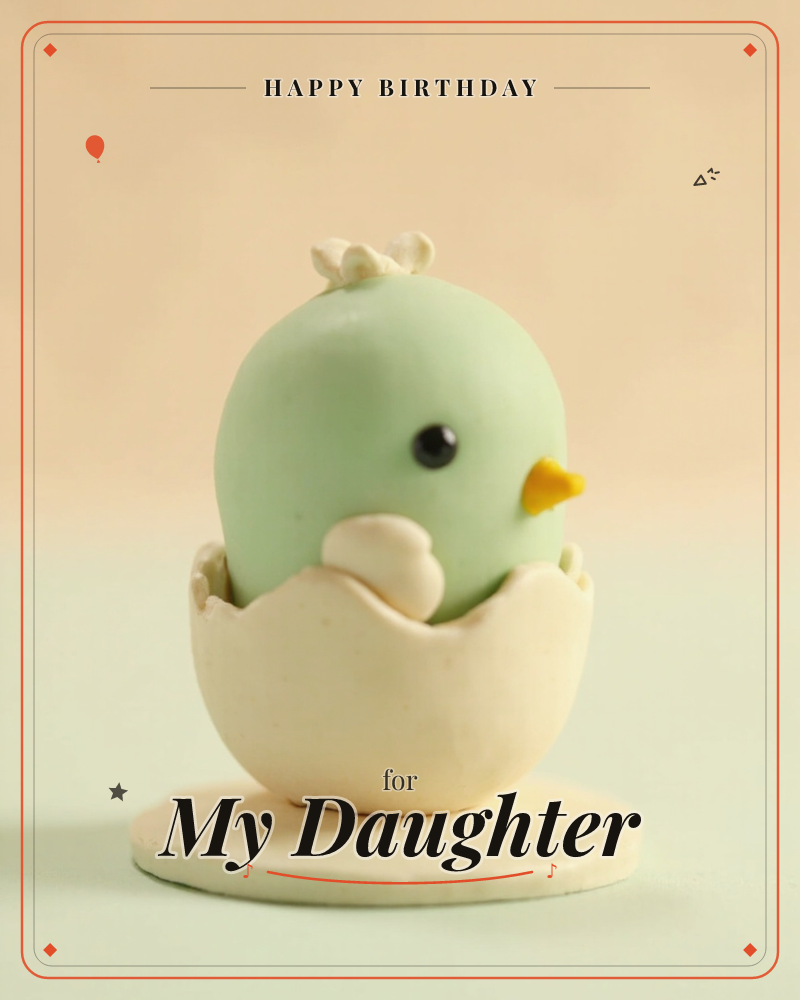 A pastel-green chick sculpted from clay peeks out of a cracked cream-coloured eggshell, sitting on a matching round base, a birthday e-card design