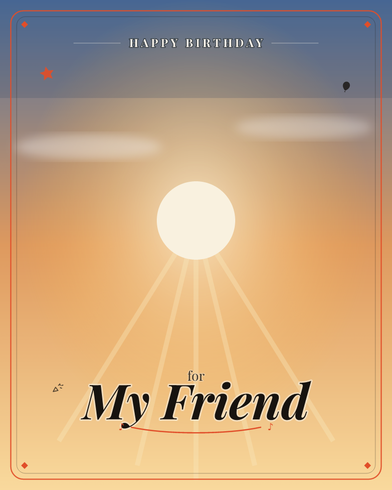A glowing sun sits low on a hazy horizon, its rays fanning downward through a warm gradient of orange and gold, while two soft clouds drift above in a…, a birthday e-card design by @DittyCityTeam
