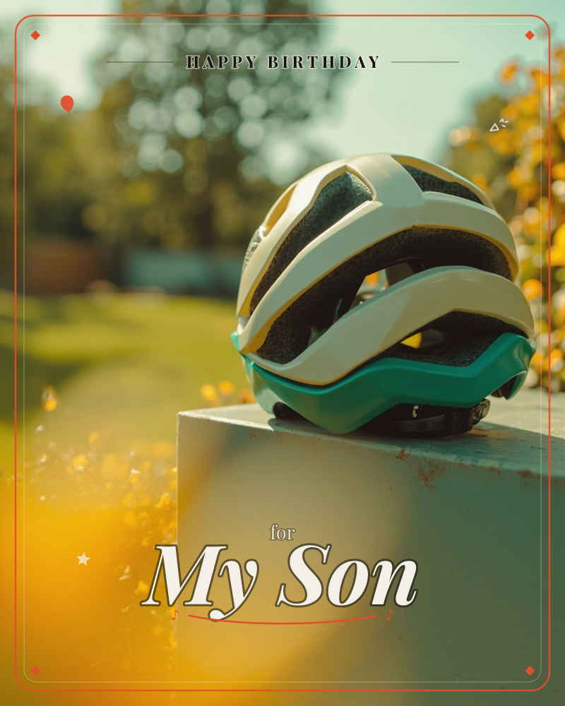 A white and teal cycling helmet rests on a stone ledge, caught in warm golden-hour sunlight with a blurred park of trees and autumn leaves behind it, a birthday e-card design