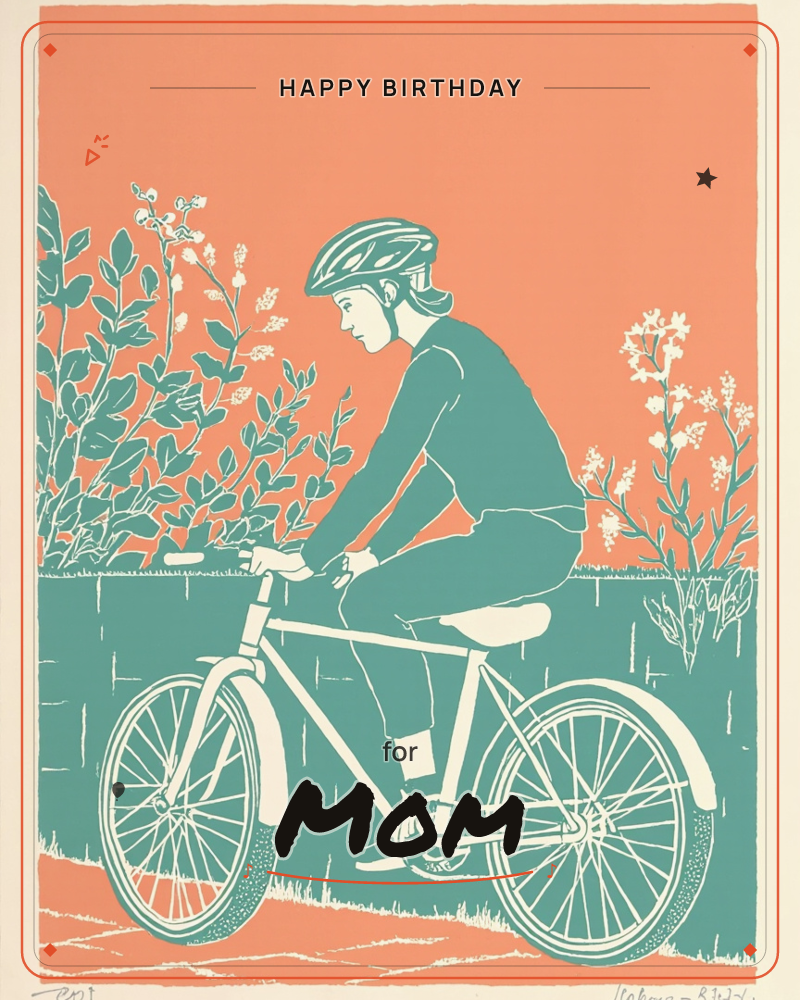 A cyclist in a helmet and fitted gear rides past a low wall lined with flowering shrubs, rendered in a bold two-colour linocut style of teal and coral, a birthday e-card design