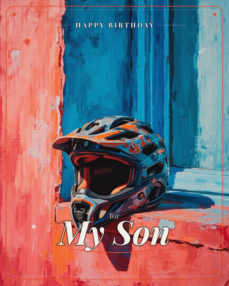 A full-face mountain bike helmet in grey, orange and blue rests on a weathered ledge, painted in bold impressionistic strokes against a wall split…, a birthday e-card design