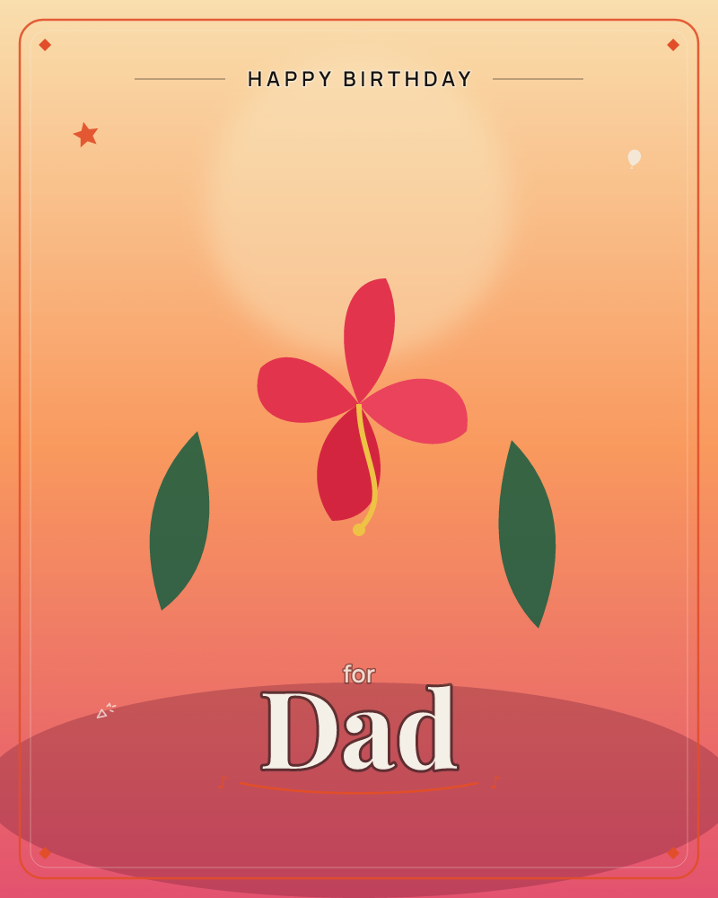 A single crimson plumeria blossom floats against a glowing sunset gradient, flanked by two simple dark green leaves, a birthday e-card design by @DittyCityTeam