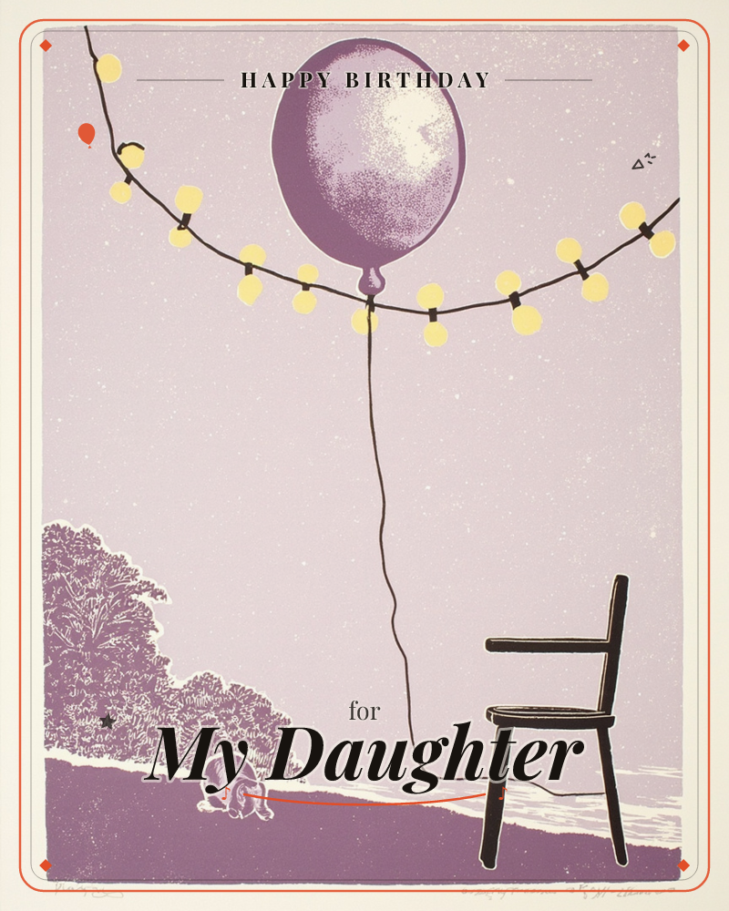 A single purple balloon floats above an empty chair, its string trailing across a sloping lawn where a small rabbit noses through the grass, a birthday e-card design